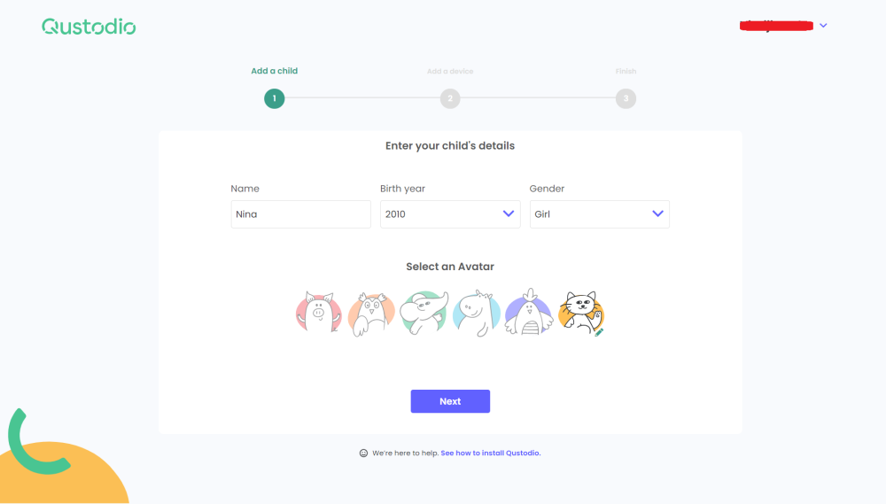 Entering child details in Qustodio